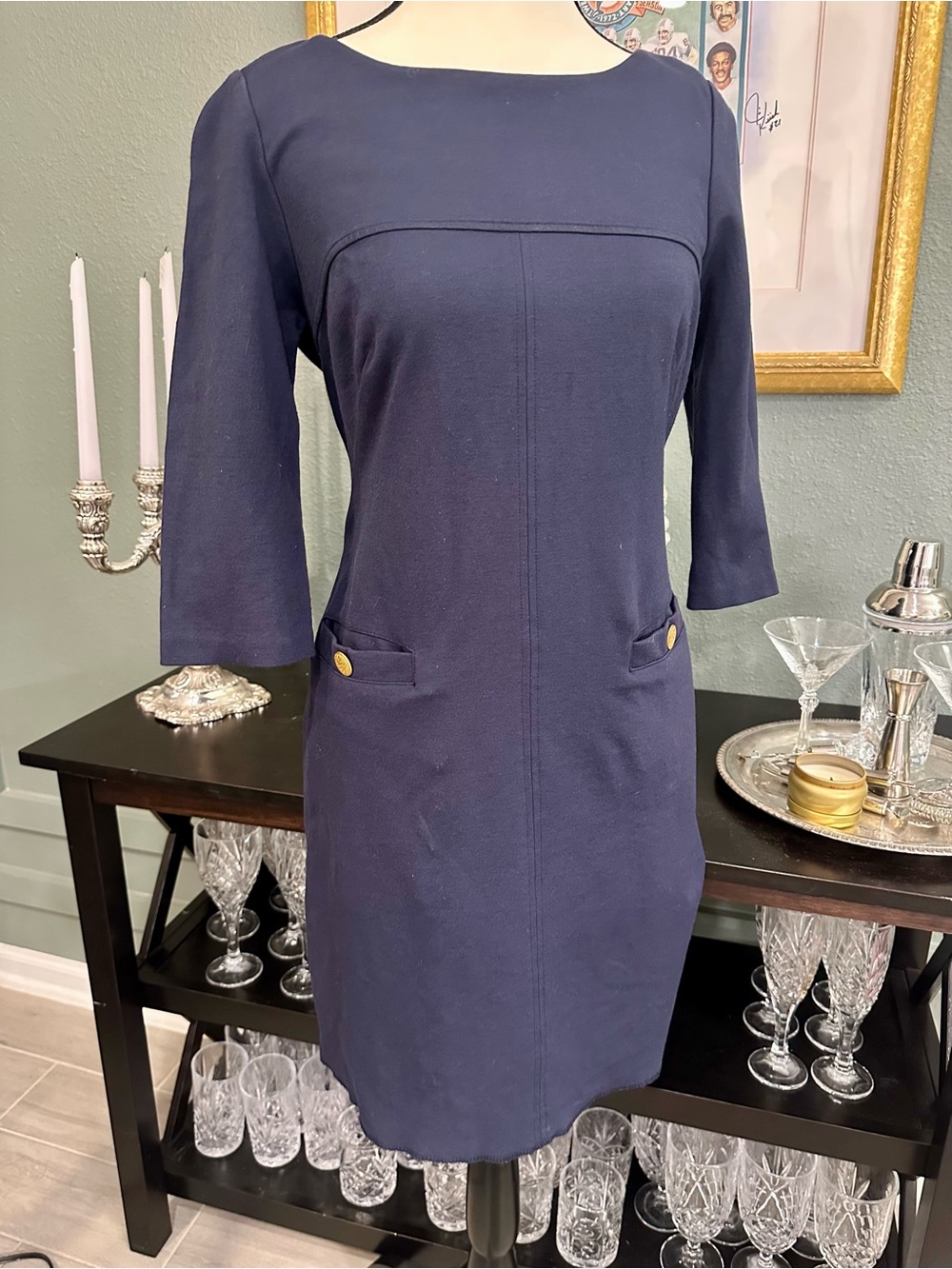 Vince Camuto Classic Navy Shift Dress with Gold Button Details